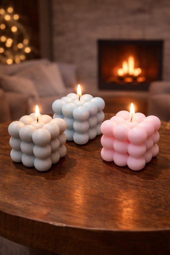 Set of 3 Bubble Candles, Minimalist Cube Soy Wax Home Decor