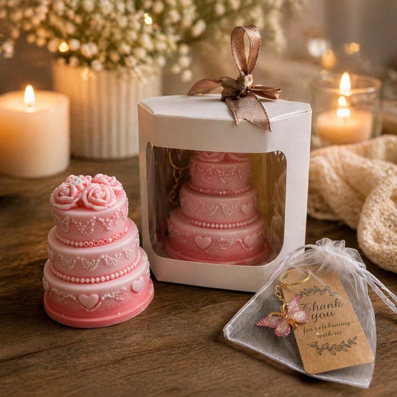 Wedding Cake Candle Favor – Romantic Tiered Soy Wax Candle, Bridal Shower Gift