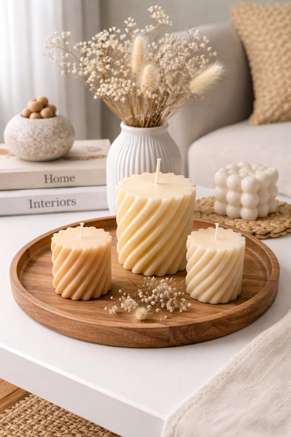 Set of 3 Twisted Pillar Candles, Spiral Design, Neutral Soy Wax Home Decor