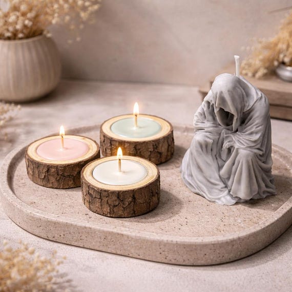 Set of 4 Soy Wax Candles, Wooden Tealight & Sculptural Figure, Cozy Home Decor