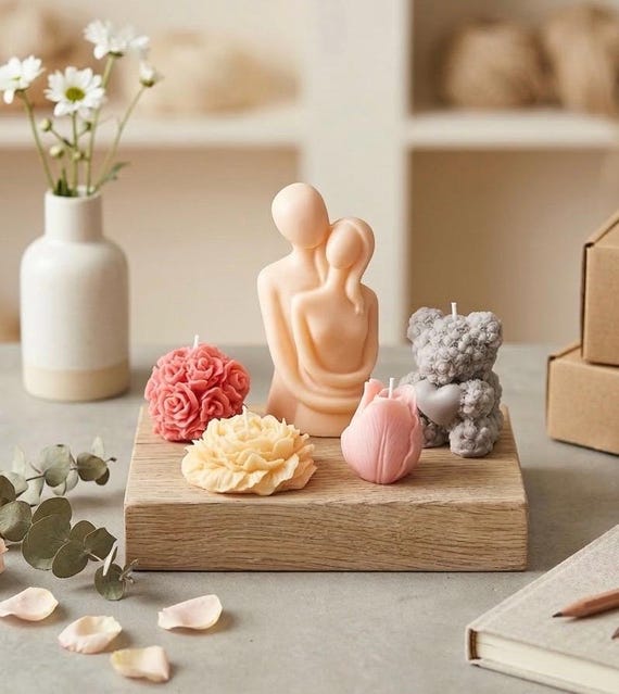 Soy Wax Couple Figurine, Teddy Bear, Floral Candles, Romantic Home Decor