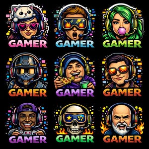 Puede incluir: Nueve ilustraciones coloridas de jugadores con auriculares, cada una con un diseño único. La palabra "GAMER" se muestra debajo de cada imagen en varios colores. Las imágenes incluyen una calavera, un gato y personas comiendo pizza.