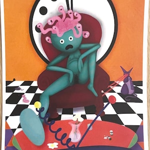 May include: A surrealist painting featuring a teal figure with pink tendrils emerging from its head, seated in a burgundy chair. A large clock face is behind the figure. A red table with a telephone and vase is in the foreground. A purple cat-like creature is in the background.