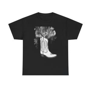 Boho Cowboy Boot T-Shirt, Distressed Botanical Graphic, Dark Academia Floral Tee, Mystical Desert Wildflower, Vintag | Gildan 5000 T-Shirt