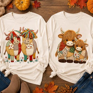 Puede incluir: Dos camisetas de manga larga de color crema con estampados gráficos de vacas de las Tierras Altas. La camiseta de la izquierda muestra dos vacas con cuerpos estilo patchwork en patrones de cuadros y flores. La derecha muestra una vaca y un ternero.