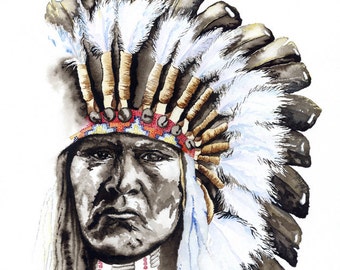 painting of native american "Pauses Before Proceeding" giclee print of original watercolor