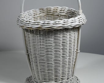 Vintage White Wicker Basket with Handle Cottage Farmhouse Decor Flower Gathering Basket 18"x9.5"