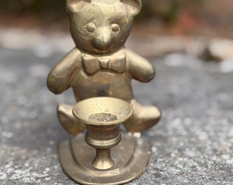 Portavelas de latón vintage con forma de oso de peluche / Figura de oso con pajarita, decoración estilo cottagecore