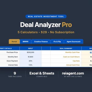 May include: A digital graphic for a real estate investment tool, "Deal Analyzer Pro." The design features a dark blue background with white and blue text. It includes a table with property details, input, deal summary, and results. The tool offers 5 calculators.