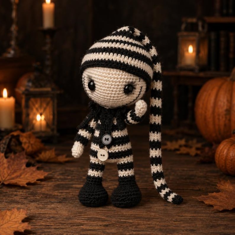 May include: A handmade crochet doll with a whimsical design. The doll features a cream-colored head and body with black and white striped clothing and a long, striped hat. It has button details and is posed on a wooden surface.