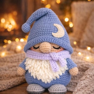 Op de afbeelding: Een handgemaakte gehaakte kabouterpop in tinten blauw, beige en wit. De kabouter draagt een blauwe hoed met een halve maan, een lavendelkleurige sjaal en een witte baard. De pop is ongeveer 15 cm hoog.