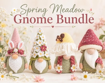 Spring Gnome Crochet Pattern Bundle, 4 PDF Patterns, Bunny Daisy Mushroom Flower Gnomes, Easter Garden Amigurumi