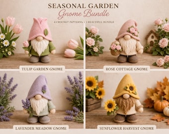 Crochet Gnome Pattern Bundle PDF, Seasonal Standing Garden Gnomes, 4 Variations Tulip Rose Lavender Sunflower