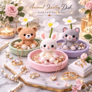 Crochet Trinket Dish Pattern PDF, Kawaii Jewelry Dish Set, Bunny Cat Bear, Ring Holder Daisy Stem, Easy