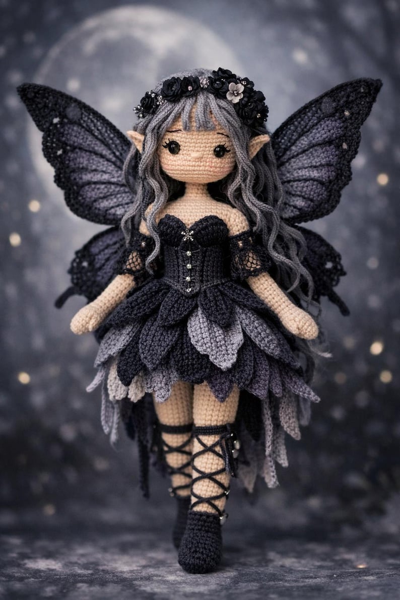 Peut inclure: Une poup&eacute;e de f&eacute;e au crochet faite &agrave; la main avec des cheveux gris, une robe noire et de grandes ailes noires. La poup&eacute;e porte une couronne florale et des bottes noires avec des d&eacute;tails de la&ccedil;age. Un article unique et artisanal.