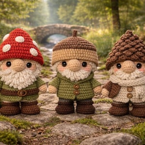 May include: Three adorable crochet gnomes with detailed features. One gnome wears a red mushroom cap with white spots, another a tan acorn cap, and the third a brown textured cap. They have white beards, green jackets, and brown boots. The gnomes are set on a stone path.