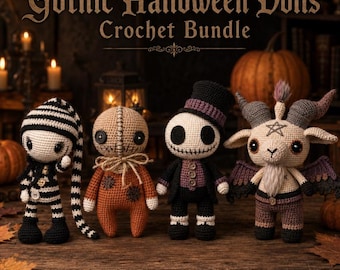 Gothic Halloween Doll Crochet Pattern Bundle, 4 Spooky Amigurumi PDF Patterns, Skeleton Baphomet Dolls