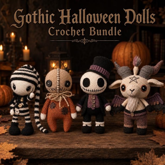 Gothic Halloween Doll Crochet Pattern Bundle, 4 Spooky Amigurumi PDF Patterns, Skeleton Baphomet Dolls