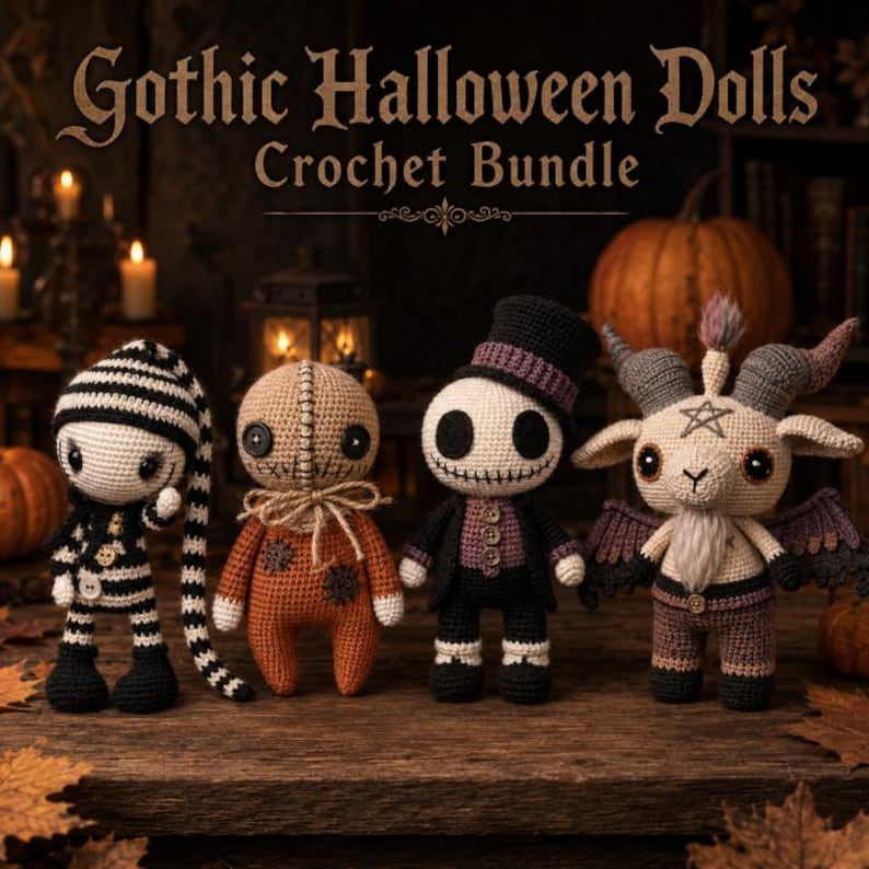 May include: A crochet bundle of Gothic Halloween Dolls. The dolls include a striped doll, a doll with stitched features, a skeleton doll in a top hat, and a goat-like doll with wings. The dolls are on a wooden surface with pumpkins and candles in the background.