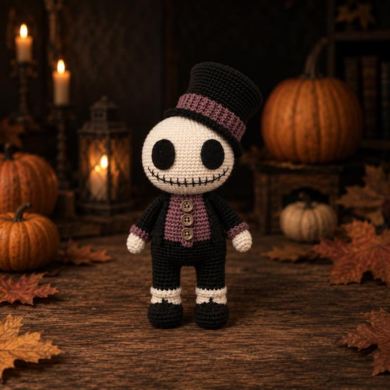 May include: A crocheted Halloween doll in a top hat and suit. The doll has a cream-colored head with large black eyes and a stitched smile. It wears a black suit with a purple vest and a black top hat with a purple band. Pumpkins and autumn leaves surround the doll.