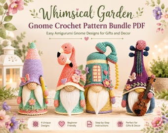 Pacote de padrões de crochê de gnomos em PDF, modelos fáceis de gnomos em amigurumi para presentes e decoração.