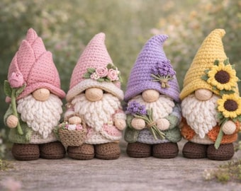 Crochet Gnome Pattern Bundle PDF, Seasonal Standing Garden Gnomes, 4 Variations Tulip Rose Lavender Sunflower