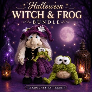 May include: A crochet pattern bundle featuring a witch doll with a purple hat and dress, holding a small green frog, alongside a larger green frog plush. The text reads Halloween WITCH & FROG BUNDLE and 2 CROCHET PATTERNS.