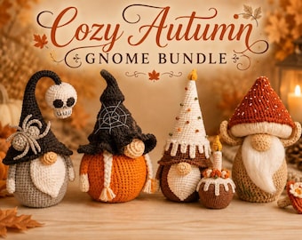 Fall Gnome Crochet Pattern Bundle, Halloween Autumn Gnome PDF, Pumpkin Mushroom Skull Spider Amigurumi Decor