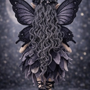 Peut inclure: Une poup&eacute;e de f&eacute;e artisanale avec des cheveux gris boucl&eacute;s, une couronne florale et de grandes ailes de papillon d&eacute;taill&eacute;es. La robe de la poup&eacute;e est faite de p&eacute;tales de crochet superpos&eacute;s dans des tons de gris et de violet. Des bottes noires compl&egrave;tent le look.