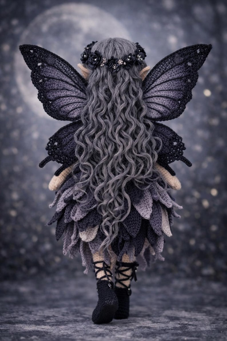 Peut inclure: Une poup&eacute;e de f&eacute;e artisanale avec des cheveux gris boucl&eacute;s, une couronne florale et de grandes ailes de papillon d&eacute;taill&eacute;es. La robe de la poup&eacute;e est faite de p&eacute;tales de crochet superpos&eacute;s dans des tons de gris et de violet. Des bottes noires compl&egrave;tent le look.