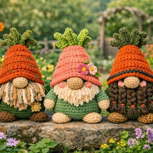Puede incluir: Tres gnomos de ganchillo hechos a mano con sombreros en forma de zanahoria y largas barbas sentados sobre una piedra. Los gnomos tienen sombreros naranjas, rosas y marrones, cuerpos verdes y beige, rodeados de flores coloridas.