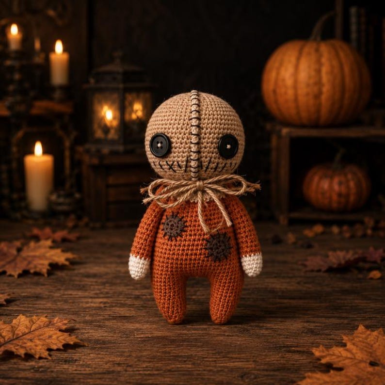 May include: A handmade crochet doll with a tan head and a stitched face featuring large black button eyes. The doll has an orange body with white cuffs and decorative patches. The background includes pumpkins, candles, and autumn leaves, creating a Halloween theme.