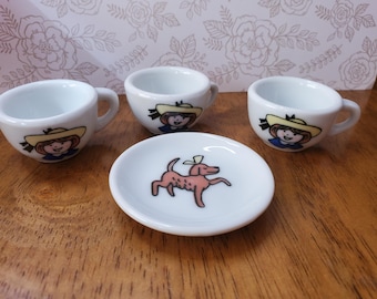 Vintage Madeline Porcelain Tea Set, 3 Cups, 1 Saucer, Schylling Collectible Pieces