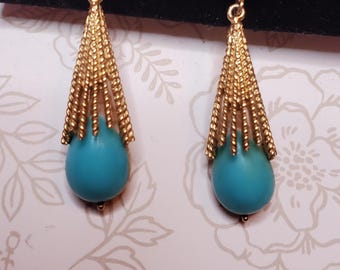 1972 Avon Turquoise Lucite Dangle Clip-On Earrings, Gold Tone Starburst, Mid-Century Modern Style