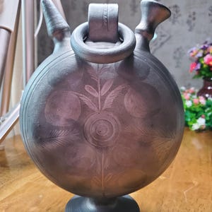 Antique Bisalhães Black Pottery Pilgrim Flask – Hand-Carved Portuguese Folk Art Canteen
