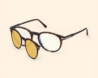 Tom Ford Clip-On Round  / Tortoise Unisex Eyeglasses /  Magnetic Yellow Lens Clip (TF 5823-H-B)