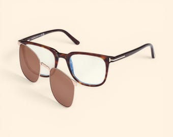 Tom Ford Tortoise Clip-On Eyeglasses, Magnetic Brown Clip, TF 5916 50MM Unisex