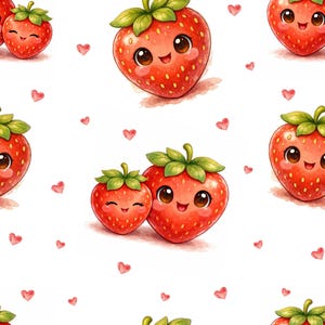 Könnte beinhalten: Ein sich wiederholendes Muster aus leuchtend roten Erdbeeren mit grünen Blättern und lächelnden Gesichtern mit großen dunklen Augen. Die Erdbeeren sind mit kleinen, einfachen roten Herzformen auf weißem Grund durchsetzt.