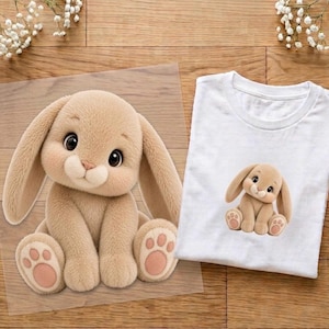 Könnte beinhalten: Ein weißes T-Shirt mit einem Grafikdruck eines beigen, flauschigen Kaninchens mit langen Ohren, das sitzt. Das Kaninchen hat große dunkle Augen, eine kleine rosa Nase und hellrosa Pfotenballen an den Füßen. Das Motiv ist vorne auf dem Shirt zentriert.