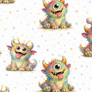 Könnte beinhalten: Ein sich wiederholendes Muster mit bunten, pelzigen Monstern mit Hörnern, großen Augen und herausgestreckten Zungen. Die Monster sind in einem Regenbogen aus Pastelltönen gehalten und befinden sich auf einem weißen Hintergrund mit kleinen, bunten Punkten.
