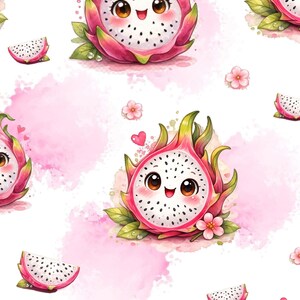 Süßes Drachenfrucht Nahtloses Muster PNG, Kawaii Pitaya Digitales Papier für Stoffe, Dragon Fruit Seamless Pattern, Scrapbooking Download