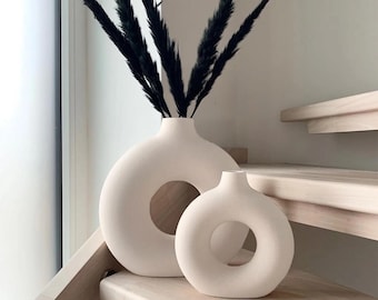 Ceramic Vases for Home Decor, Set of 2 Donut Vases, Modern Vase, White Vases, Farmhouse Vase, Decorative Vase, round Boho Vase for Bookshelf