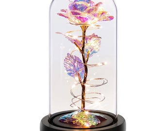 Enchanted Rose Light in Glass Dome, Rainbow Galaxy Flower, Romantic LED Decor