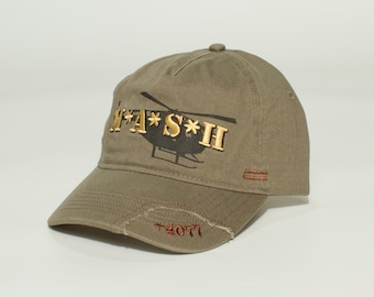 MASH 4077th Distressed Hat – Embroidered Adult Cap with Hook‑and‑Loop Closure Olive
