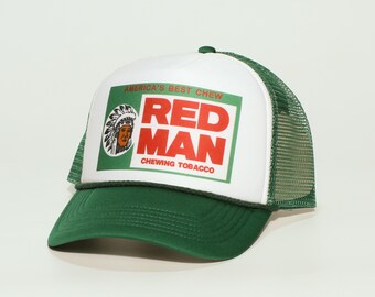 redman tobacco hats Red Man Patch Retro Two-Tone Rope Trucker Hat LPU] Red Man Chew :