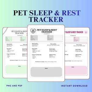 Puede incluir: Tres plantillas imprimibles de seguimiento del sueño y el descanso para mascotas en tonos verdes, blancos y rosas. Cada plantilla incluye secciones para la duración, la calidad y los lugares de sueño, con espacio para notas. El texto "PET SLEEP & REST TRACKER" se muestra en la parte superior.