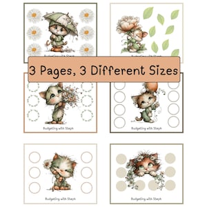 Op de afbeelding: Zes vierkante kaarten met aquarel illustraties van kittens, elk met bloemelementen zoals madeliefjes en rozen. De tekst "3 Pages, 3 Different Sizes" staat op een rechthoekige banner. Geschikt voor budgettering.