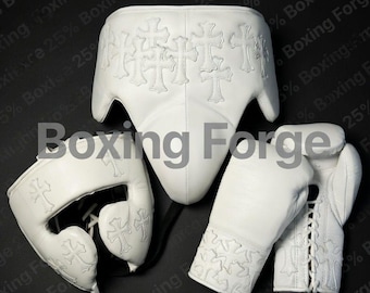Luxury White Boxing Set – Gloves & Headgear with Vibrant Cross Artwork – Custom Fight Gear in cow hide leather.