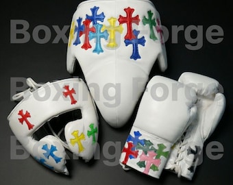 Luxury White Boxing Set – Gloves & Headgear with Vibrant Cross Artwork – Custom Fight Gear in cow hide leather.