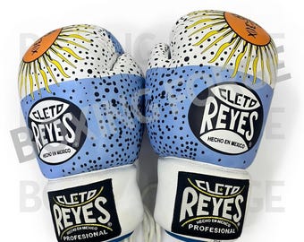Custom Luxury Boxing Gloves  Premium Cowhide Leather Fight Gloves Handmade Pro Training & SparringGloves  Unique Sun Design Blue WhiteGloves